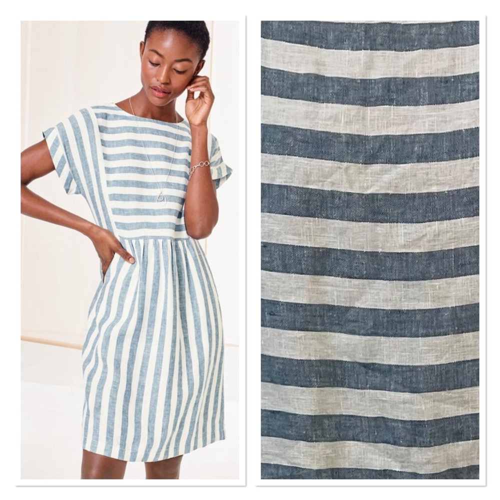 Garnet Hill Blue White Striped Linen Popover Dress Short Sleeve Pockets Beach 16